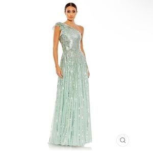 Mac Duggal #5565 SEQUINED 1 SHOULDER FLUTTER SLEEVE A LINE GOWN. Turq Sz 14